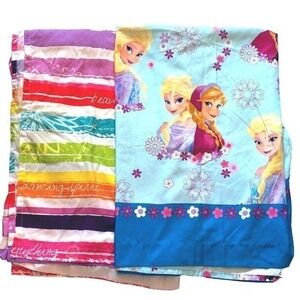 Disney Frozen + stripe‎ pattern bundle of 2 flat  twin sheets OS
